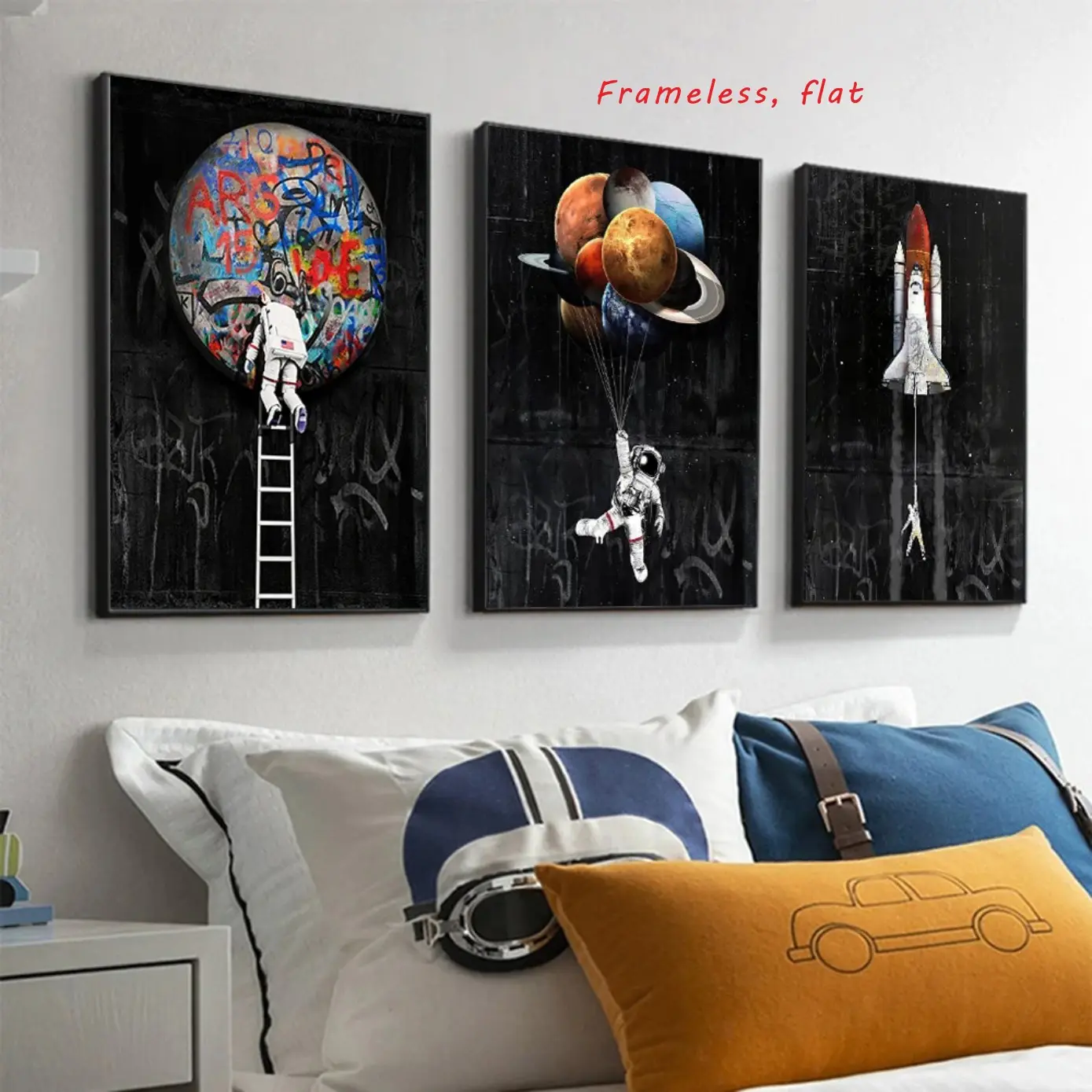 3-Piece Set, Graffiti Astronaut Earth Wall Art Graphic Prints Poster Mural Modern Home Decor Canvas Painting Living Room Decorative Artwork High Definition, Waterproof, Artistic, Unframed Painting, Frameless