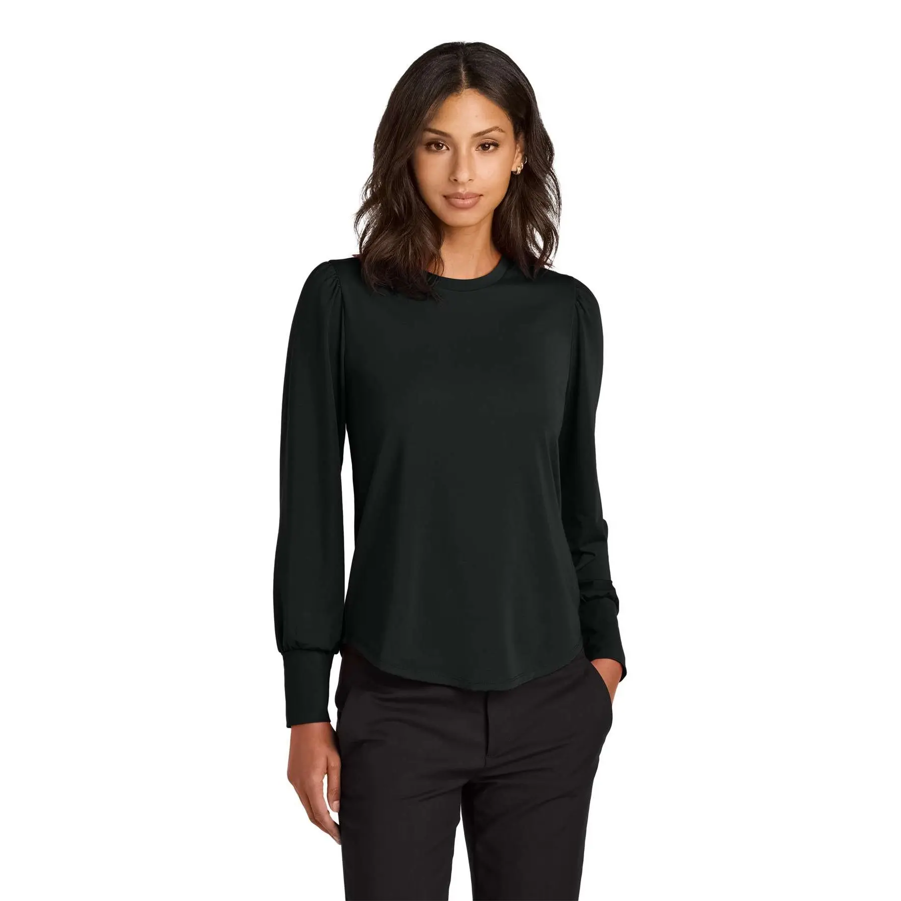 Women's Chic Long Sleeve Blouson Top - Feminine Stretch Jersey Athleisure Wear with Puffed Sleeves and Moisture-Wicking Fabric, Lady, Elegance, Casual, Sporty Chic, Fitted, Comfortable, Longsleeves, Wide Cuffs, Jewel Neck
