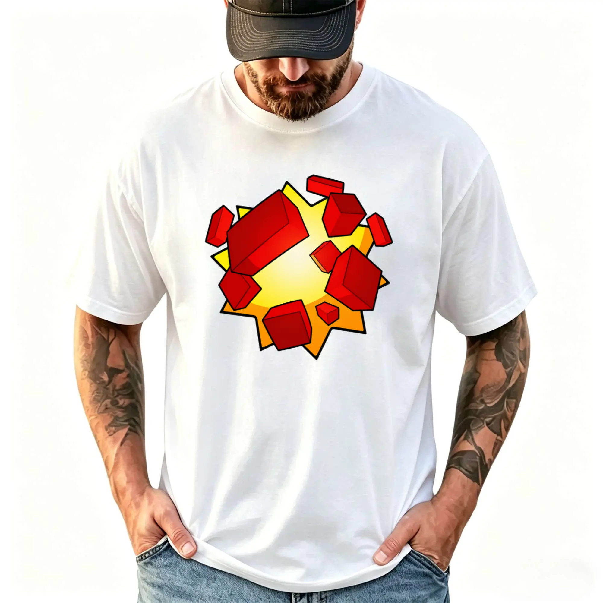 Oversized Crew Neck Short Sleeve T Shirt Featuring Cartoon Burst Star Explosion Graphic With Shattered Red Cube Pixel Redstone Blocks Unisex Soft Cotton Casual Sandbox Video Game Lover Basic Daily Top
