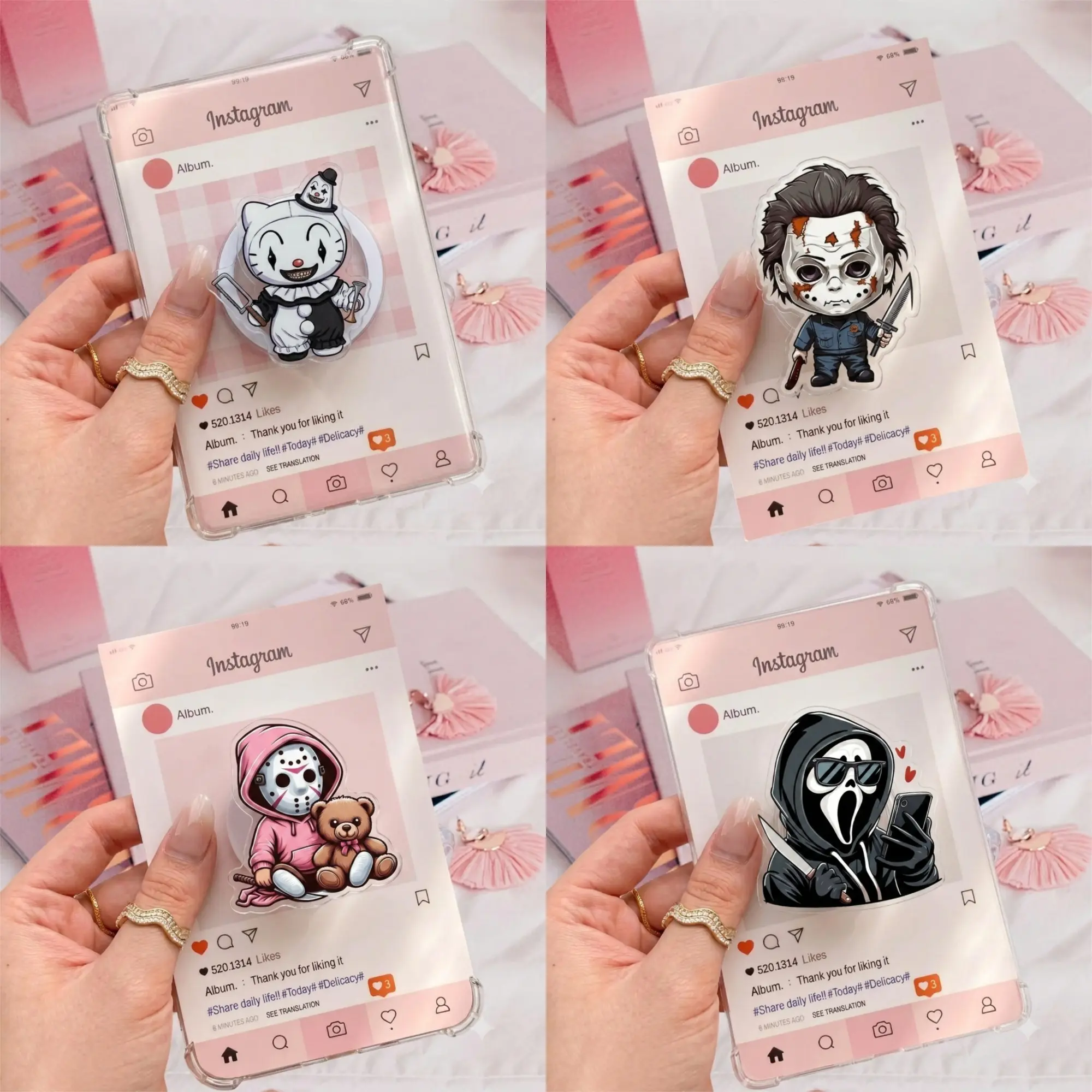 Cute Chibi Horror Movie Character Collapsible Phone Grip Aesthetic Scary Theme Phone Accessory for Secure Handling and Hands Free Viewing Experience for Teens and Horror Fans