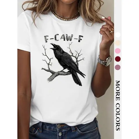 Women's Raven & Feather Print Round Neck Tee, Fashion Casual Crewneck T-shirt for Daily Holiday Vacation Outdoor Wear, Ladies Streetwear for All Seasons