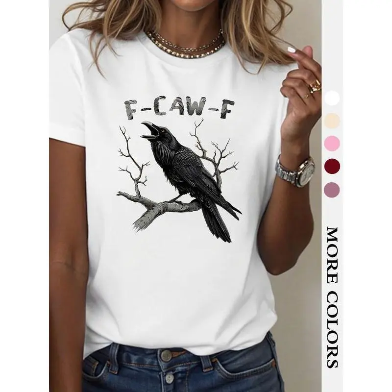 Women's Raven & Feather Print Round Neck Tee, Fashion Casual Crewneck T-shirt for Daily Holiday Vacation Outdoor Wear, Ladies Streetwear for All Seasons
