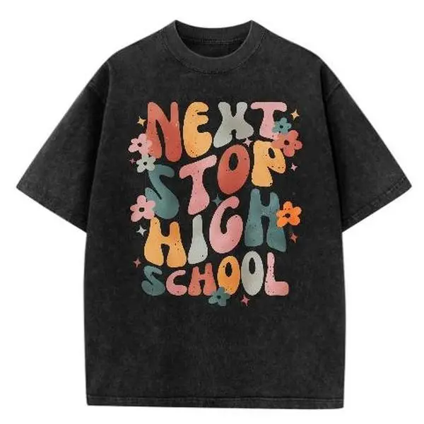 Next Stop High School T-Shirt, Retro Groovy Floral Back to School Tee, Vintage Washed Cotton Shirt for Middle School Graduation
