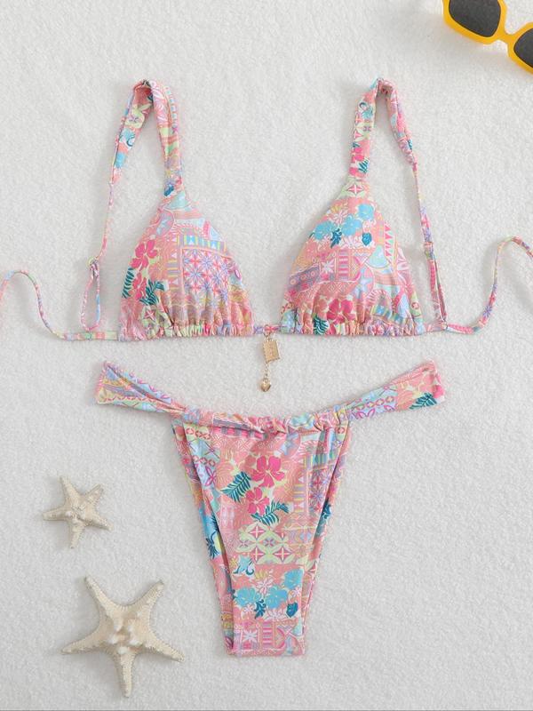 Women's Floral Bikini Set, Sexy Triangle Two-Piece Swimsuit, Sleeveless Party Style, All-Season Wear, Tie Back Design