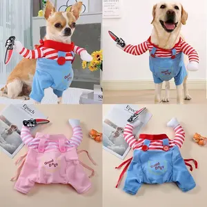 Pet Gijii Transformation Costume, Striped Overalls with Knife Prop, Cat Dog Universal Small Medium Pets Halloween Party Cosplay