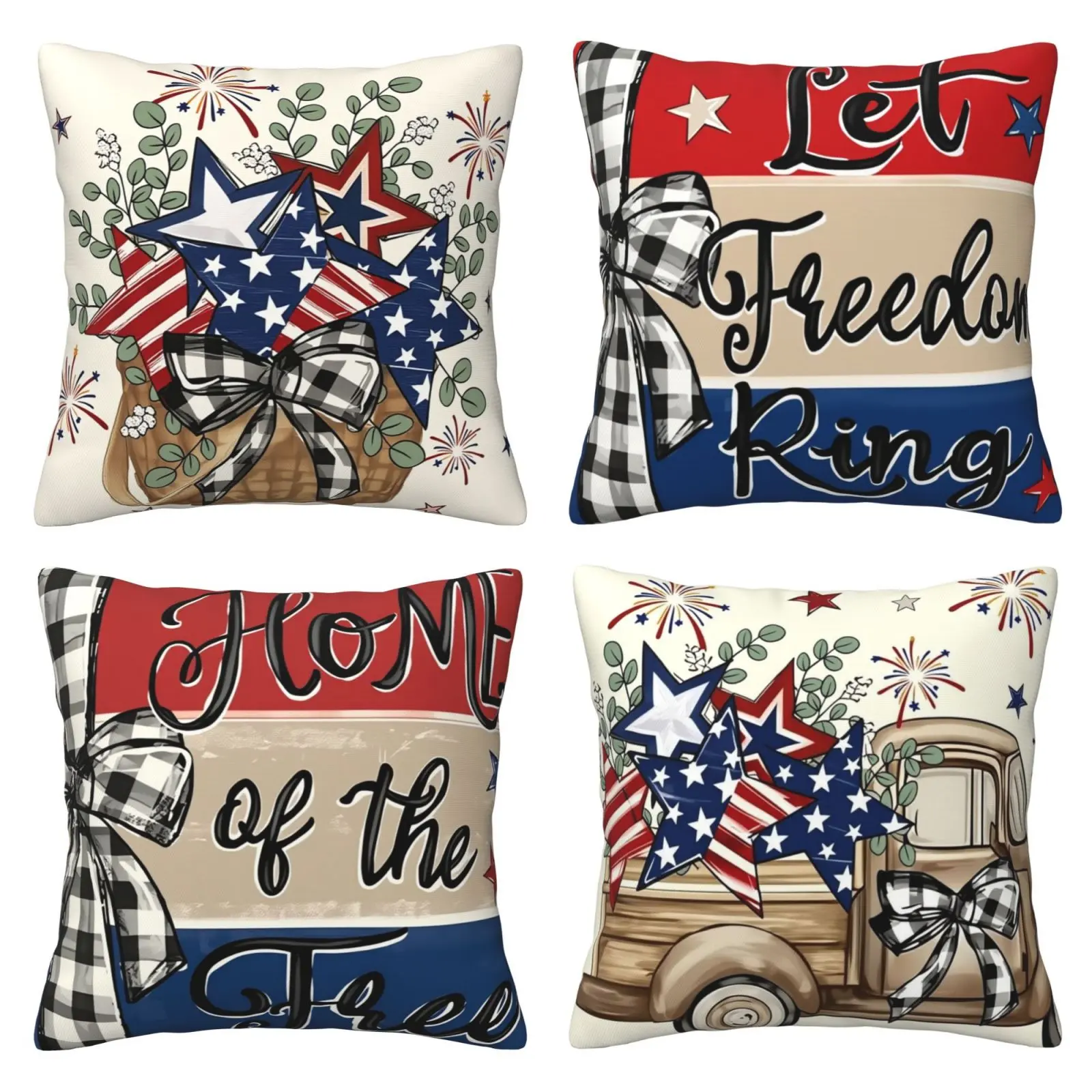 Freedom Light Eucalyptus Star Fireworks Car Pillow Set, July 4th Patriotic Independence Day USA Flag Decorative Cushion Set Decoration Set, 4-piece Set Double sided Printing
