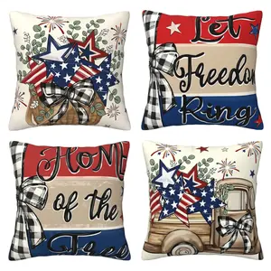 Freedom Light Eucalyptus Star Fireworks Car Pillow Set, July 4th Patriotic Independence Day USA Flag Cushion Set Decoration Set, 4-piece Set Double sided Printing
