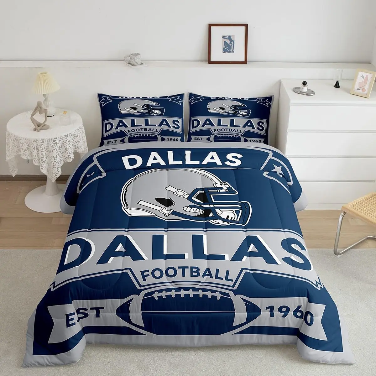 Feelyou Cozy Breathable Polyester Bedding Set - Rugby Helmet Digital Print Comforter, Modern City-Themed Duvet & Bedsheet Sets, All-Seasons Machine-Wash Football Fashion Gift (Multi-Size)
