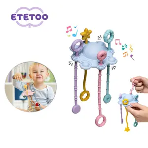 ETETOO Montessori Pull String Toy for Babies 100% Food Grade Silicone with Rattle Fun Blue Developmental Play