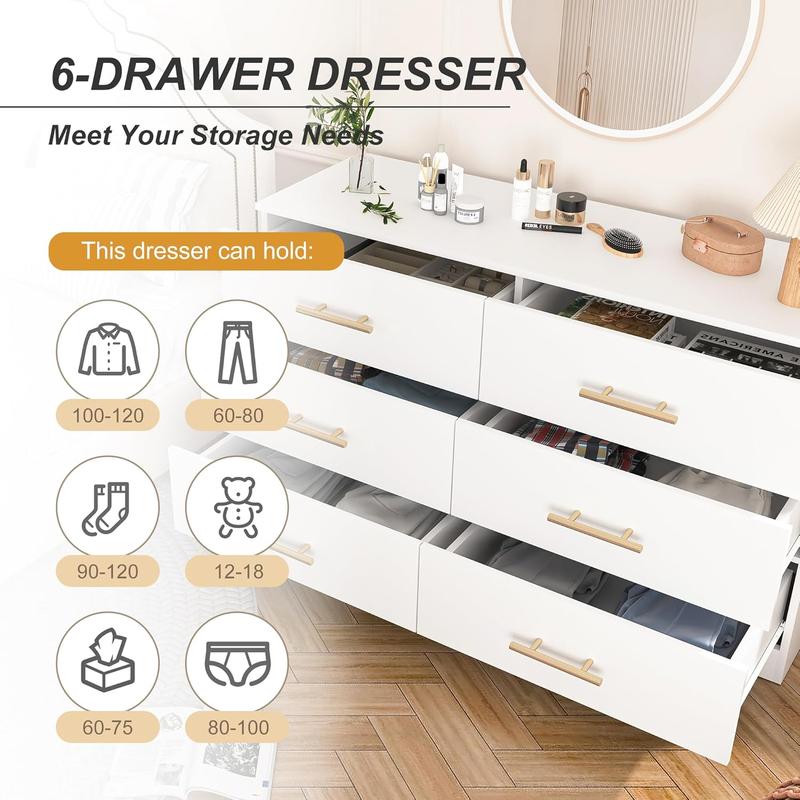 Spaco White Dresser for Bedroom, Modern Large 6 Drawer Dresser w/Gold Handle,Storage Chest of Drawers,Wood TV Stand Dresser,Dresser Bedroom Furniture
