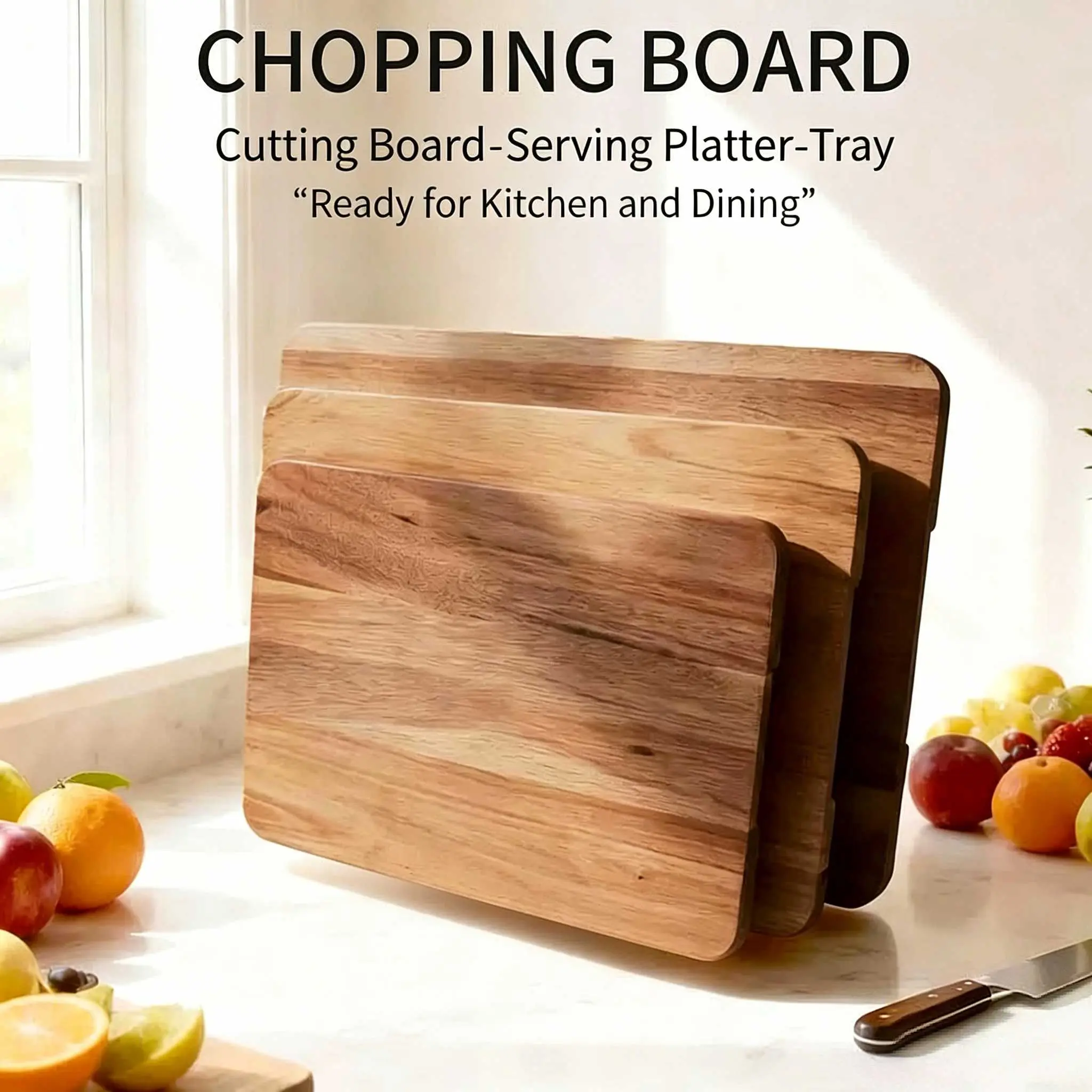 Wooden Cutting Boards 3-Piece Natural Acacia Set - Nontoxic, Antibacterial, Non-Slip Base Chopping Boards with Wooden Knives for Kitchen Meal Prep, Charcuterie Serving Trays (Natural Look), Cutting Boards Non Toxic