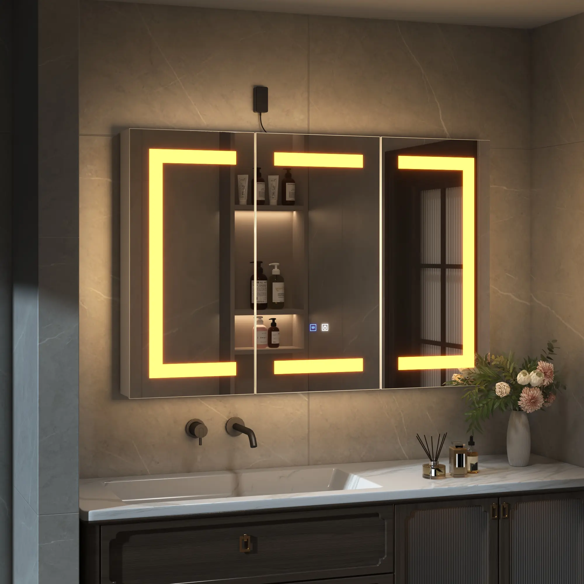 FUFU&GAGA 47.2" W Rectangular Wood LED Lighting Mirror Cabinet - 3-Door Modern Mirrored Bathroom Furniture, Hidden Panel Bath Storage Solution, Anti-Fog Defogger, Adjustable Brightness & Color Temp, Surface-Mount Organizer (Requires Assembly)