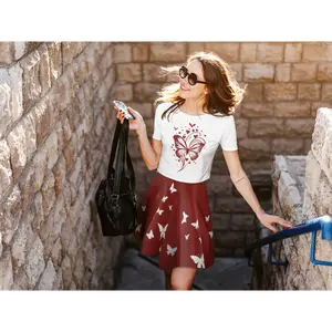 Red Skater Skirt, White Butterflies, Women's A-Line Apparel, Cute Fashion Clothing, Romantic Midi Skirt