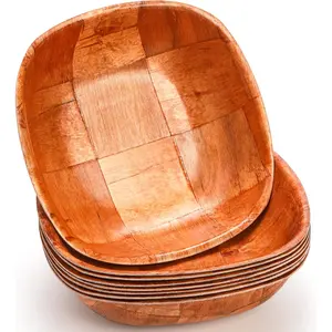 8 Pack 8 Inch Wooden Woven Salad Bowl,  Square Serving Bowl Woven  Mixing Bowl Set, Unbreakable Snack Bowls for Salad, Fruits, Snacks