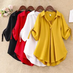 2 Pieces Mid-Length Short Sleeve Chiffon Blouse for Women Summer Plus Size Loose Waist Slimming Chiffon Top