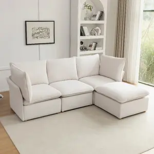 Baliaa Beige Chenille Fabric 4-Piece L-Shaped Modular Sectional Sofa with Storage Ottoman for Living Room Indoor Furniture