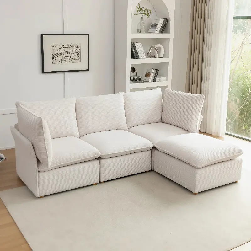 Baliaa Beige Chenille Fabric 4-Piece L-Shaped Modular Sectional Sofa with Storage Ottoman for Living Room Indoor Furniture