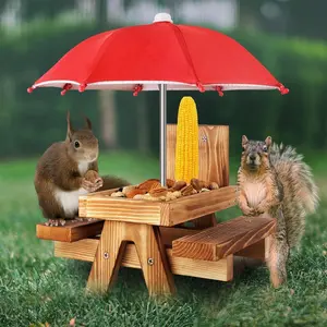 Squirrel Feeder with Umbrella, Squirrel Feeders for Outside, Squirrel Picnic Table Feeder - Chipmunk Feeder Hold Corn, Corn Cob, Peanuts (Bright-Red)