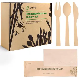 Bamboo Utensils with Napkin-58 Pack Individually Wrapped (6.7" 58 Forks 58 spoons 58 Knives 58 Napkins) Disposable Bamboo Cutlery Travel Set Compostable Biodegradable Fork Knife Spoon and Napkin
