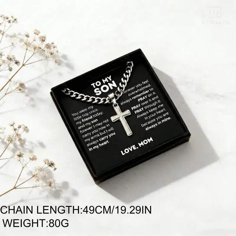 Men's Silver Stainless Steel Cross Necklace - Gift-Quality Christian Faith Jewelry for Son, Grandson - Birthday, Christmas Gifts from Mom
