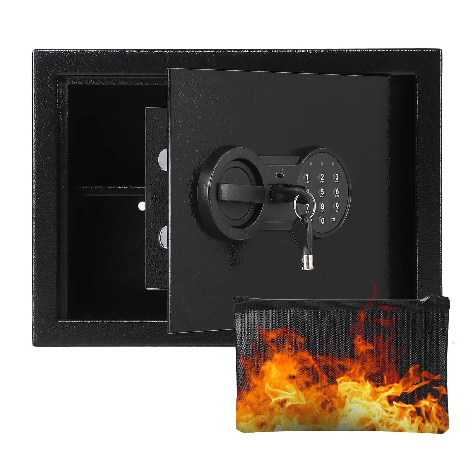GARVEE Steel digital safe - double security code and key - anti-theft with alarm - fire and water resistant - fireproof bag, removable shelf - wall/floor mounting