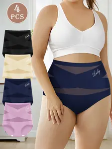 4-Pack Plus Size High-Waisted Shapewear Briefs, Breathable Mesh Cross Design, Ice Silk Invisible Triangle Panties, Tummy Control Underwear, Womenswear, Breathable Comfy Knicker