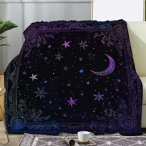 Vintage Moon Star Printed Flannel Blanket, Warm and Cozy Soft Blanket, Digital Printing, Mixed Colors, Suitable for All Seasons