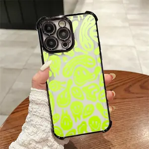 Acid Smiles Neon Green Transparent shell Eucalyptus Leaves Four corner anti fall Phone Case for iPhone 16 ProMax/15Pro/14/13Pro Max/12 Fashion PhoneCase for Girls and Men-TKM-DF3