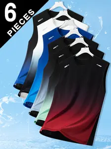 Men’s 6-pack stylish breathable quick-dry sleeveless tank tops; high-stretch moisture-wicking gradient-color sports shirts suitable for fitness, running, outdoor training, and casual summer wear; made from a comfortable, highly elastic fabric.