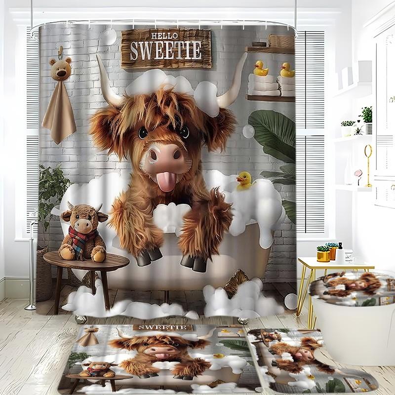 Cute Highland Cow Bubble Bath Bathroom Set, 4-Piece Shower Curtain Set, Home Bathroom Decor, Includes Mat, Toilet Cover, U-Shaped Pad