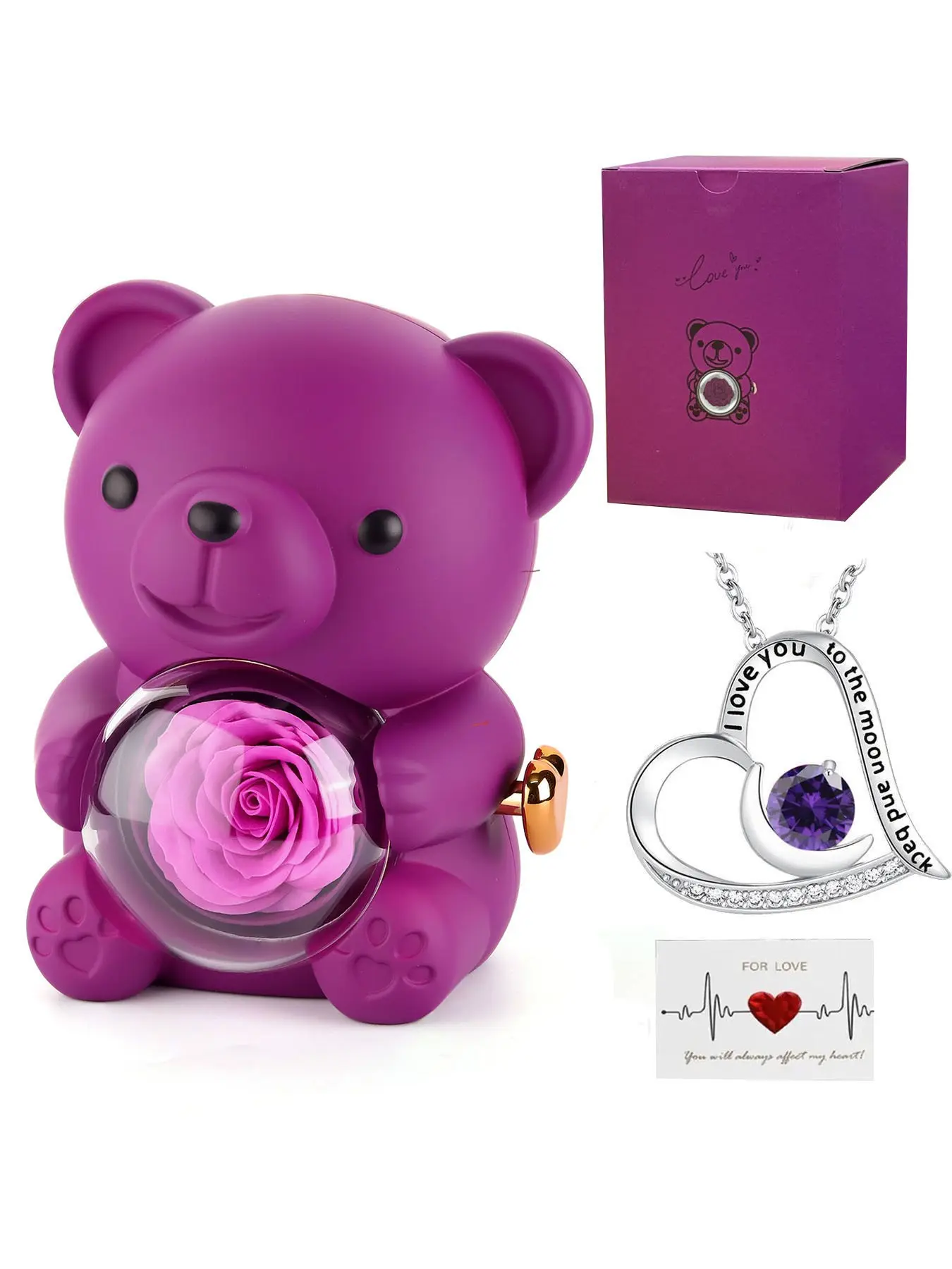 Romantic Teddy Bear with Preserved Rose and Heart Moon Necklace, Heart Shaped Necklace, Elegant Gift Box, Perfect for Women, Ideal for Various Occasions, Versatile Gift