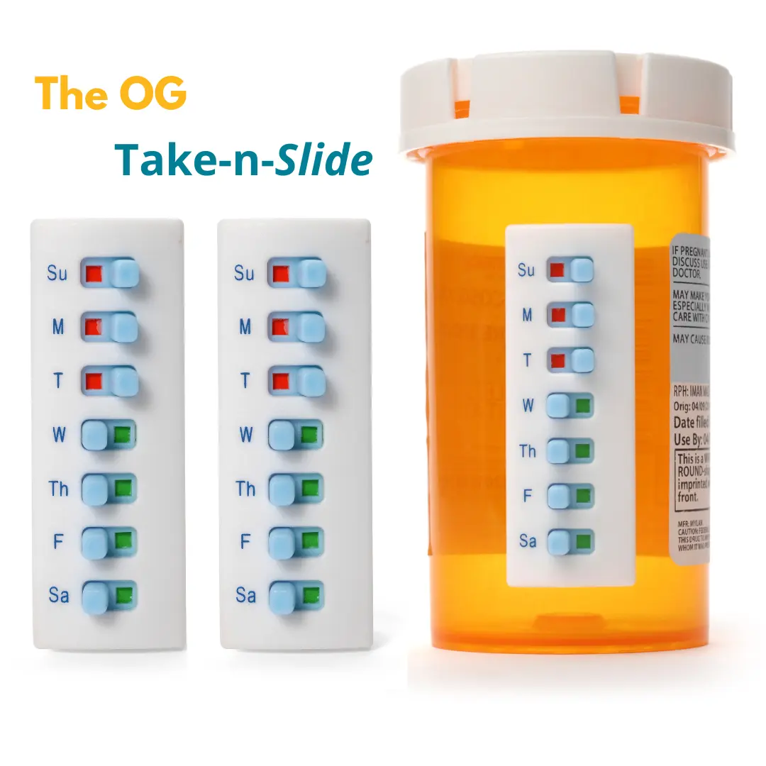 2 Pack Take-n-Slide Original Medication Tracker – Reusable Pill Bottle Tracker to Prevent Missed or Double Doses, Fits Prescription, Vitamin & Pet Bottles