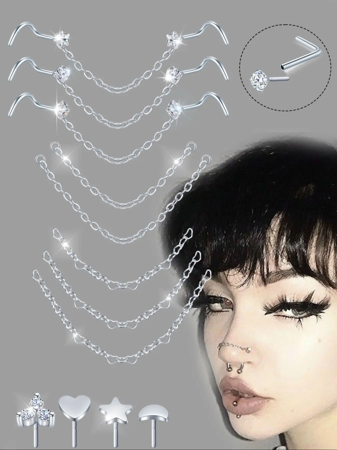 Women's Stainless Steel Cz Nose Stud Set, Elegant Trendy Chain, 20g L-Shaped Bone Design, Party Style Jewelry, All-Season Wear, Durable & Stylish Accessory, Nose Rings, Nose Piercing Jewelry