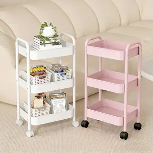 3 Tier Rolling Utility Cart with Drawers – Slim Storage Organizer with Lockable Wheels, Space Saving Mobile Shelving Unit for Kitchen, Bathroom, Laundry Room & Office, Multi-Purpose Rolling Cart for Makeup, Craft & Supplies,  Narrow Space Storage Solution