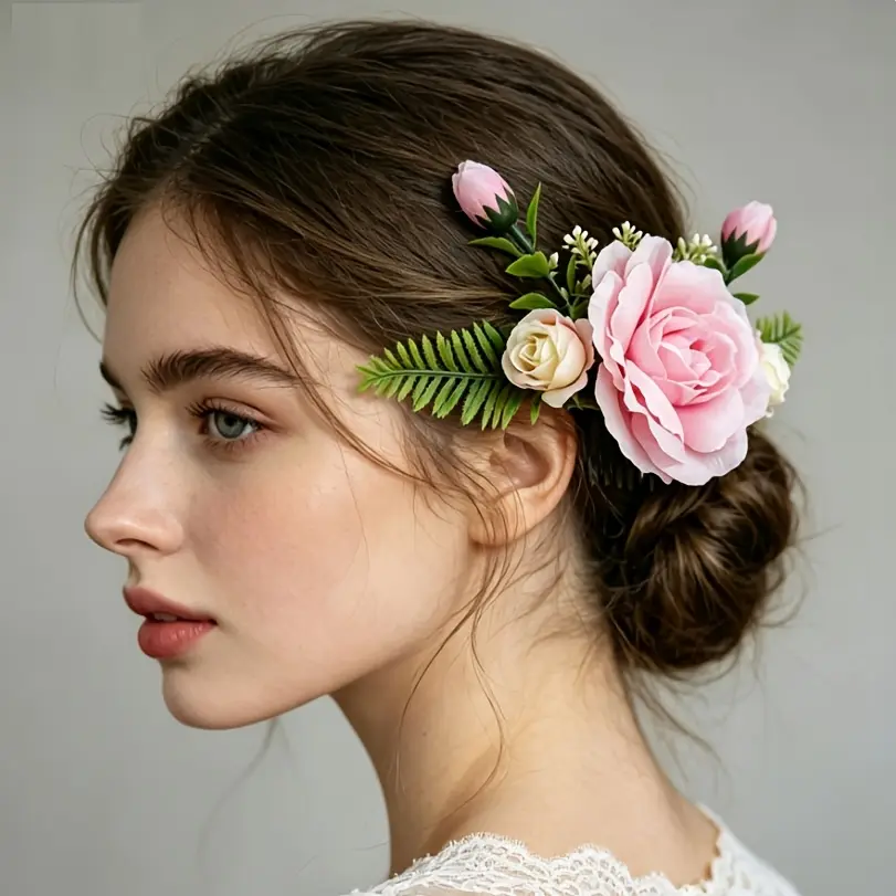 Women's Feminine Bo Bridal Blush Pink Rose Floral Hair Comb - Fern Leaves, Filler Flowers, Firm Teeth, Fade-Proof, Layered Updo Holder, Artificial Blooms, Vivid Shape Retention - Adults' All Seasons Wedding Garden Festive Party Accessory