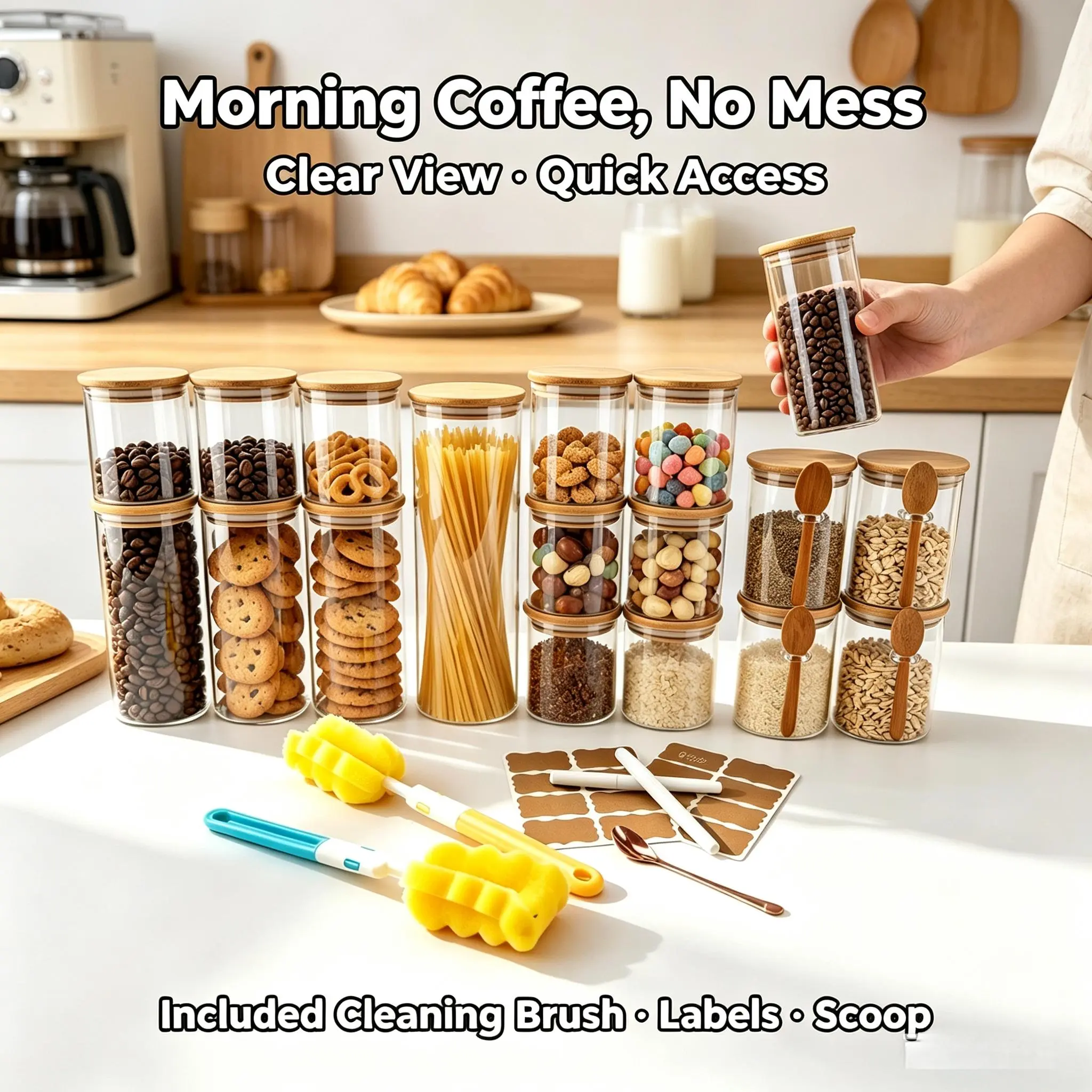 17 PCS Clear Glass Storage Jars Set with Bamboo Lids, Airtight Food Canisters, Kitchen Pantry Container with Cleaning Brush, Labels & Scoop for Dry Food, Beans, Coffee, Nuts