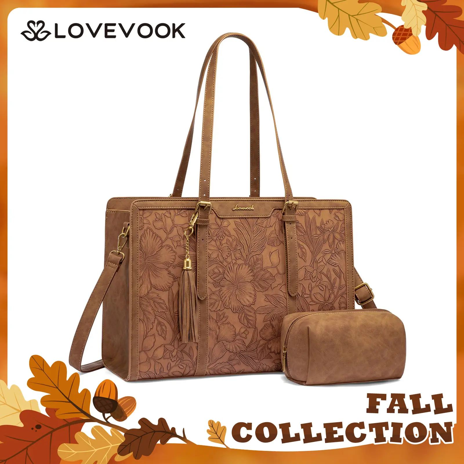 LOVEVOOK Fall Canvas Laptop Tote Bag 15.6 and 17.3 inches for Women with Clutch Purse, Lightweight Tote Bag with 2 Cup Holder, Purses for Women, Compu