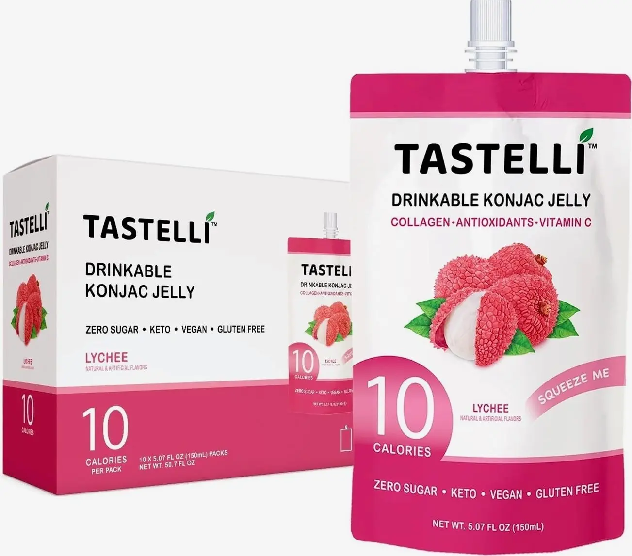 Tastelli Konjac Jelly Infused with Collagen Drink + Vitamin C + Antioxidants / 10 Calories, Vegan, Zero Sugar/Healthy Drinkable Dessert Pouch / (Lychee) - 150mL x 10 Pouches