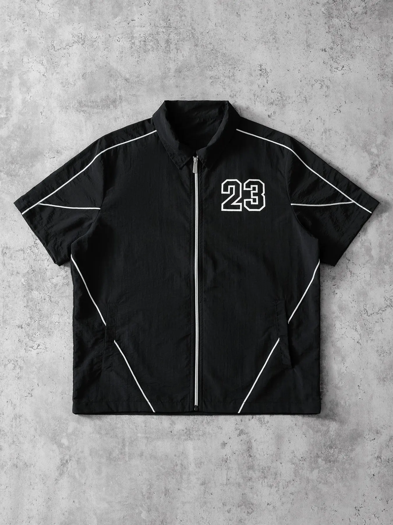 Men's Short Sleeve Zipper Cardigan, Number 23 Print Geometric Lines, Simple Sporty Fitted Style, Daily Casual Wear Essential Jackets