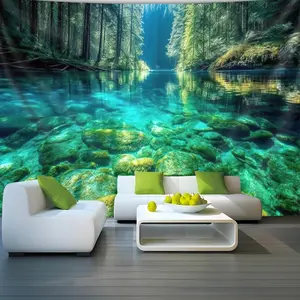 1pc Extra Large Lake & Forest Landscape Tapestry - Large Wallpaper-like Wall Hanging (177.8x238.76 cm) - Realistic Nature Scene with Turquoise Waters, Lush Greenery, Misty Mountains - Easy-to-Hang Adhesive Strips - Durable Polyester Fabric for Living Room
