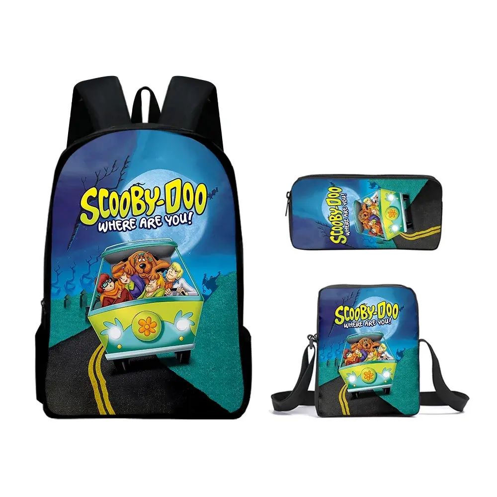 Scooby Doo 3D-Print Oxford Cloth Cartoon Character Children's School Bag, MNHFKGP Multi-Zip 3-Piece Set Shoulder Backpack (Back to School Supplies)