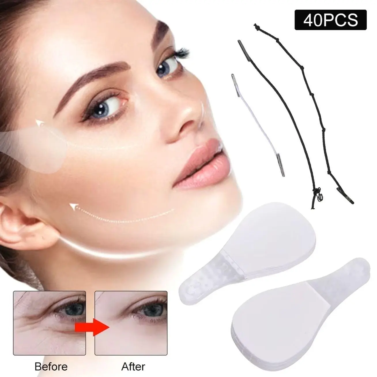 Face Lifting Tape Set, Elastic Adjustable Bands, Breathable Adhesive Patches, Invisible Contour Tool for Jawline and Eyes, 40 Piece Kit