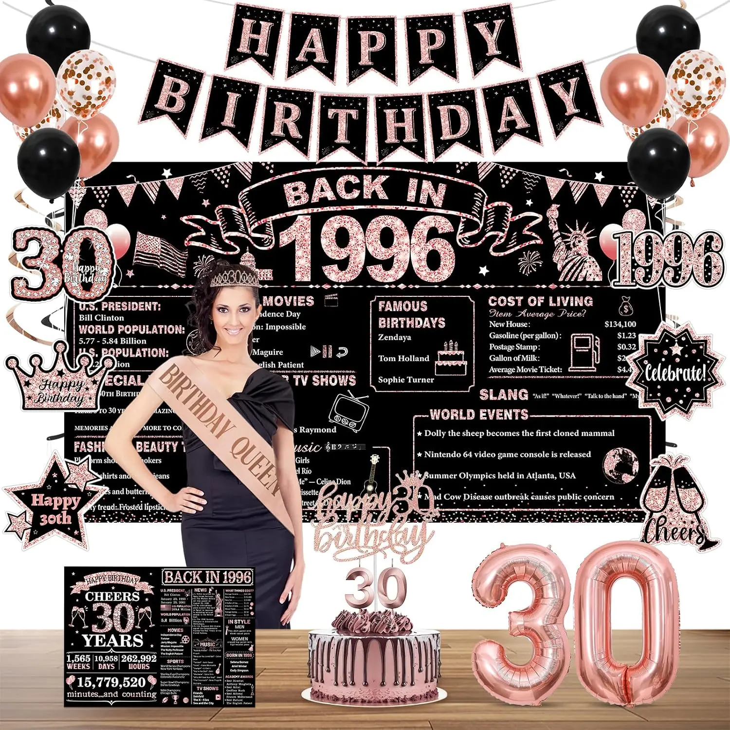 30Th Birthday Decorations for Her, Rose Gold Black Back in 1996 Party Supplies Kit with Happy 30Th Birthday Banner, Crown, Sash, Backdrop, Cake Topper, 30 Years Old Birthday Decorations for Women PopularLdo