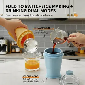 2-in-1 Foldable Silicone Ice Ball Cup - Collapsible Travel Tumbler with Reusable Straw, Leakproof BPA-Free Cold Drink Mug for Camping, Beach & On-the-Go
