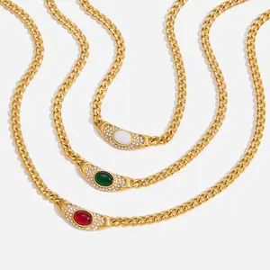 Vintage Style 18K Gold Stainless Steel Green Glass Smile Moon Pendant Necklace with Diamonds