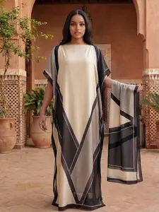 Women's Unique Striped Pattern Casual Fitted Long Dress Robe Shawl + Scarf Set, Beach Sun Protection Silk Scarf, All Seasons Wear