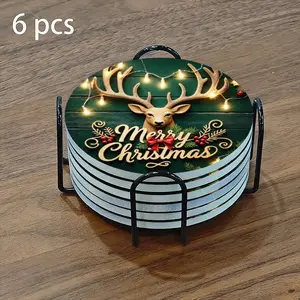 6-piece ceramic coaster set, featuring a warm Christmas celebration design with a golden deer head. These heat-resistant, non-slip coasters come with a holder, and can be used as home table decorations or beverage mats.
