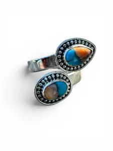 Kingman Turquoise & Spiny Oyster Solid 925 Sterling Silver Ring – Adjustable