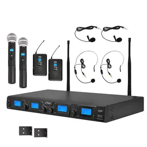Wireless Microphone System Kit, 4-Channel UHF, Low Distortion, Includes Mics