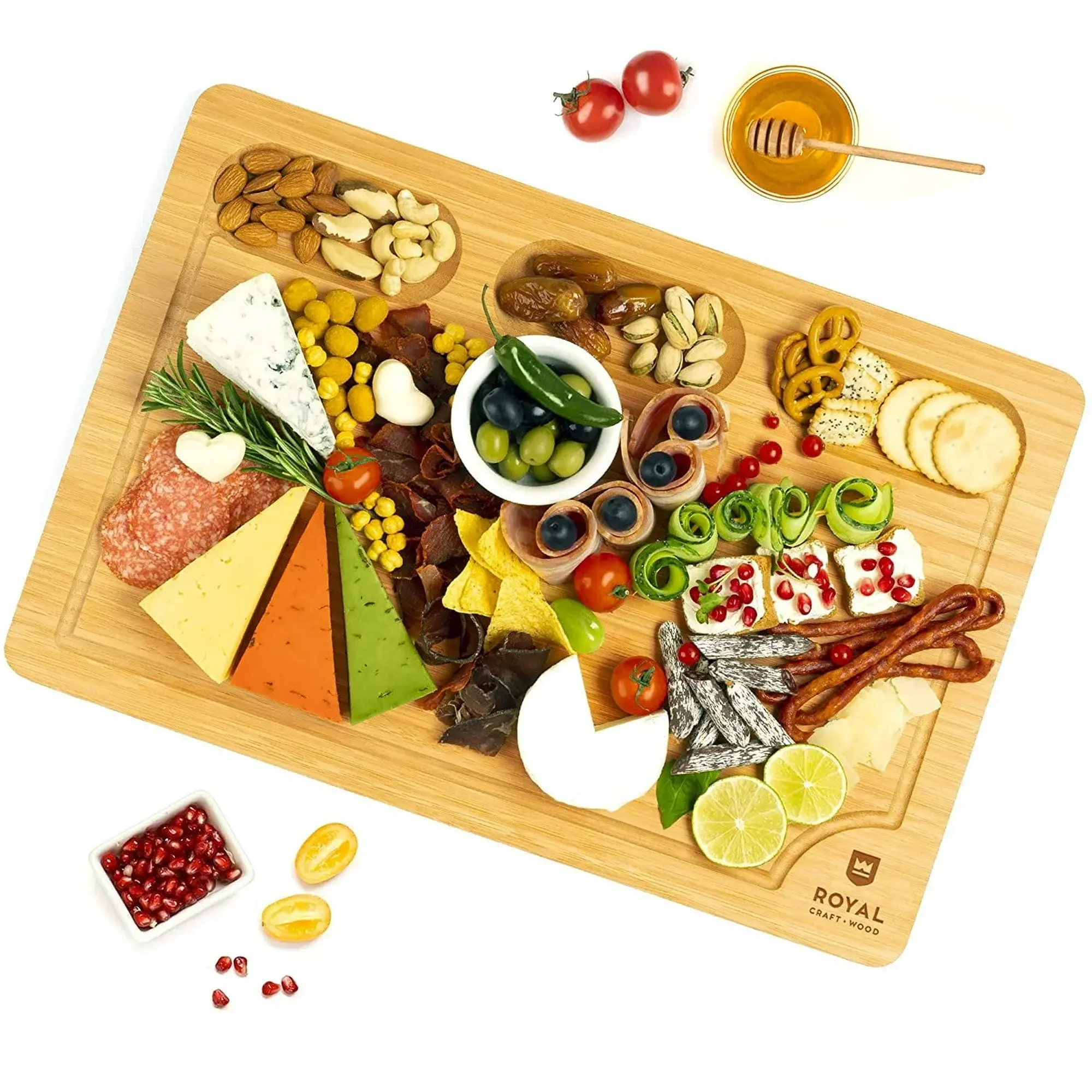 Royal Craft Wood Large Bamboo Cutting Board 18"x12" – Wooden Butcher Block for Kitchen, Meat Chopping and Serving – Cheese & Charcuterie Boards Tray with Juice Groove & Side Handles